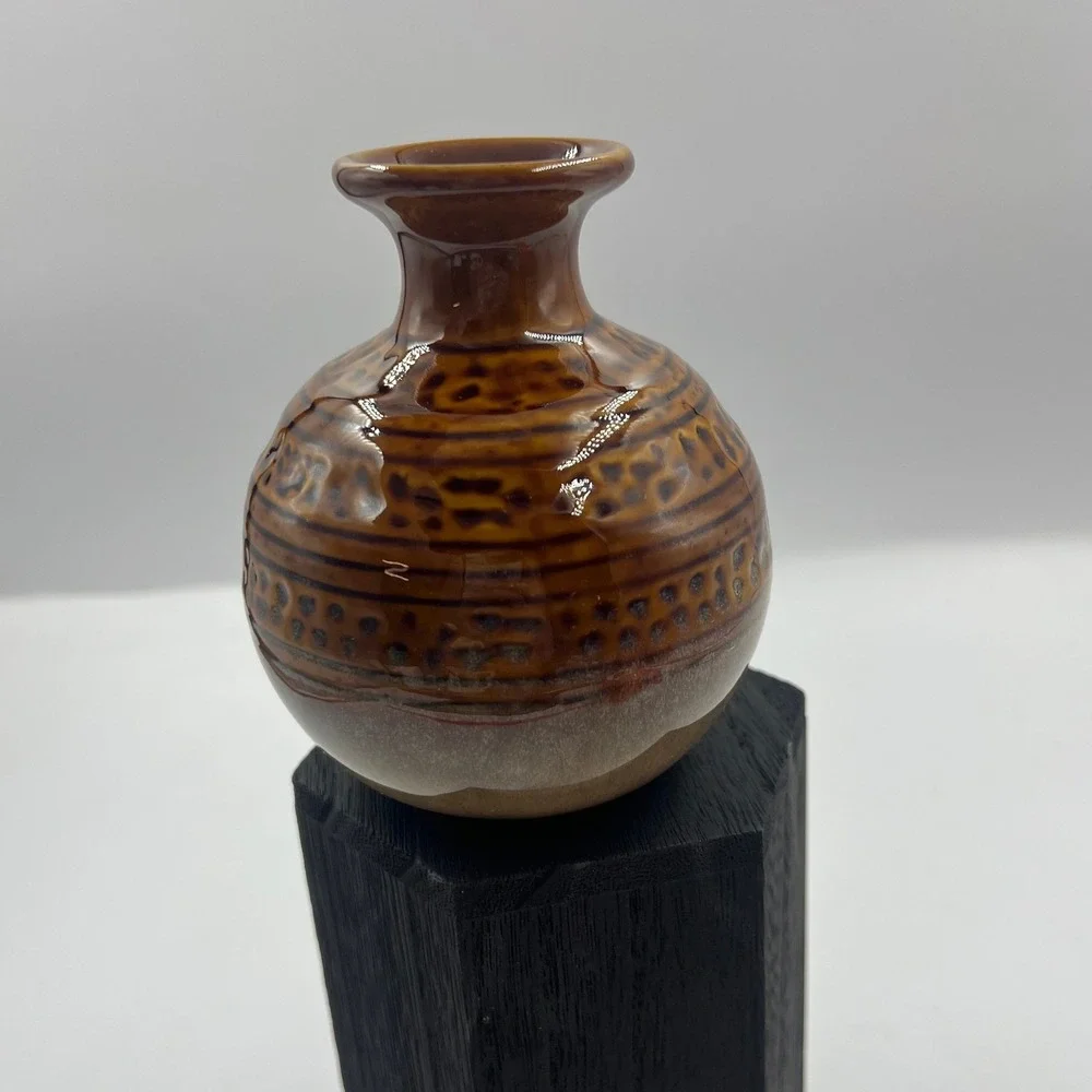 Vintage‎ Handmade Brown Glazed Pottery Bud Vase Textured Earth Tone Ceramic